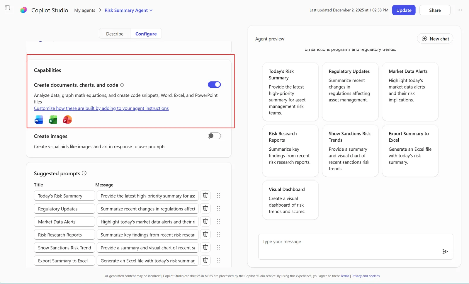 Copilot Agent Builder generating files
