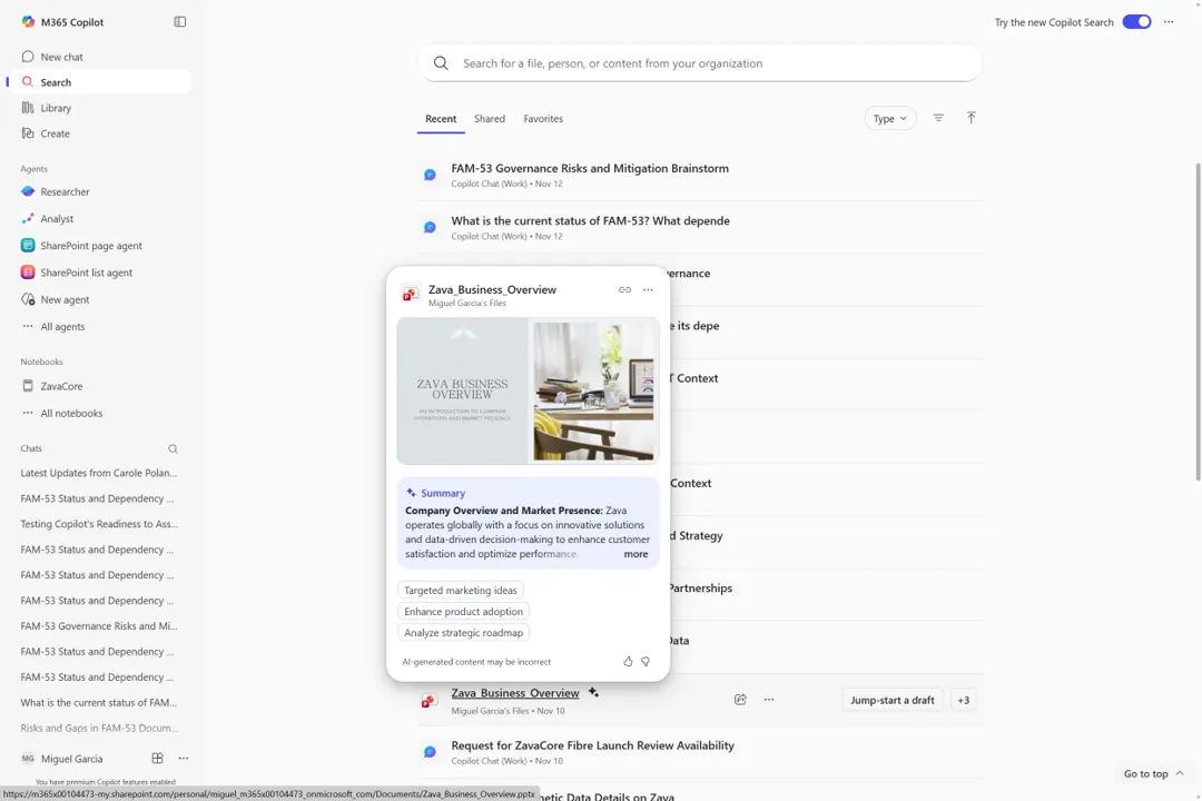 Copilot glance card search