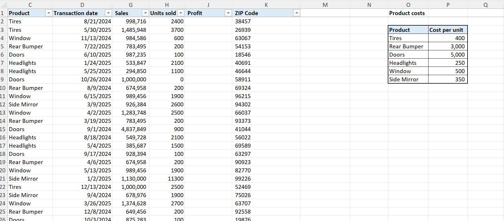 Copilot profit calculation in Excel